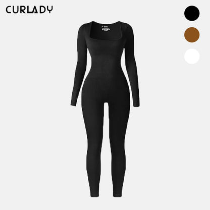 【Curlady】Women Skinny Jumpsuit Solid Color Ribbed Knit Long Sleeve Square Neck Bodycon Jumpsuit Romper Work Out Sport Yoga Playsuits