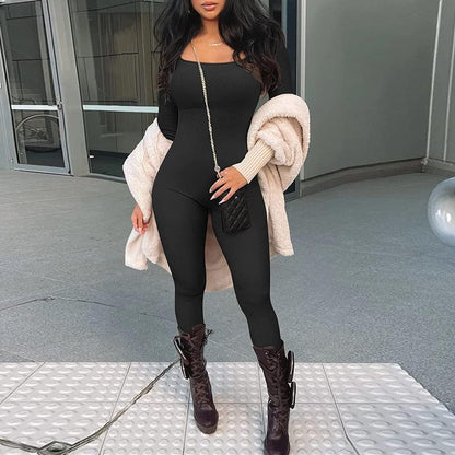 【Curlady】Women Skinny Jumpsuit Solid Color Ribbed Knit Long Sleeve Square Neck Bodycon Jumpsuit Romper Work Out Sport Yoga Playsuits