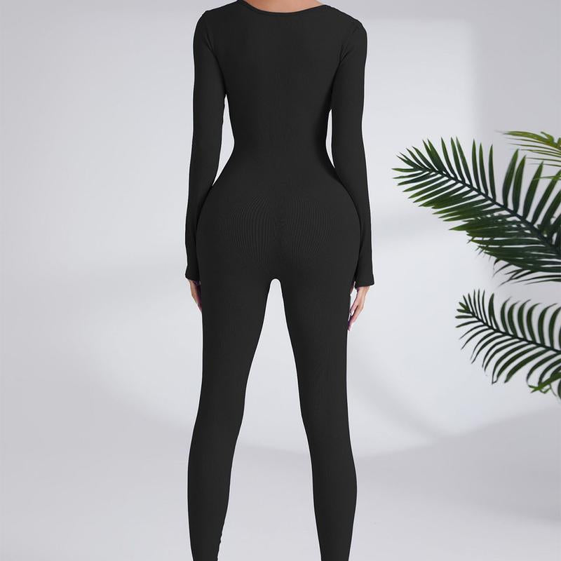 【Curlady】Women Skinny Jumpsuit Solid Color Ribbed Knit Long Sleeve Square Neck Bodycon Jumpsuit Romper Work Out Sport Yoga Playsuits