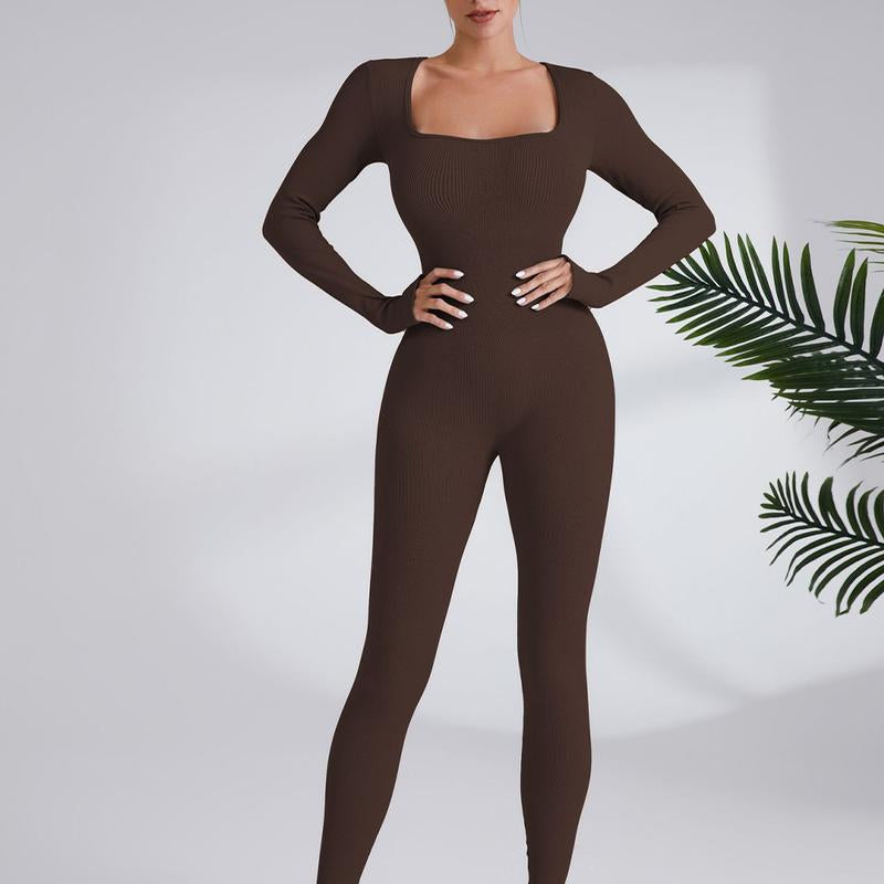 【Curlady】Women Skinny Jumpsuit Solid Color Ribbed Knit Long Sleeve Square Neck Bodycon Jumpsuit Romper Work Out Sport Yoga Playsuits