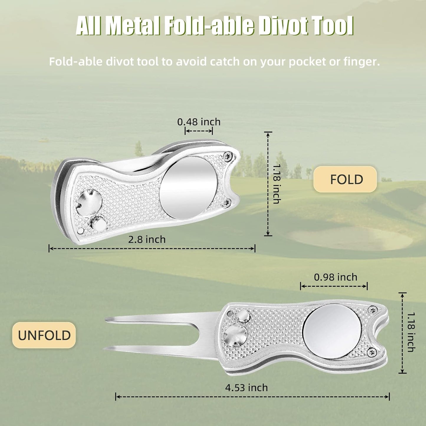 Golf Divot Repair Tool, All Metal Foldable Divot Tool with Pop-Up Button & Magnetic Ball Marker, 2-6 Pack