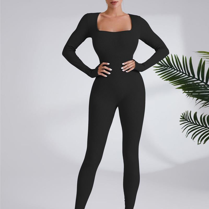 【Curlady】Women Skinny Jumpsuit Solid Color Ribbed Knit Long Sleeve Square Neck Bodycon Jumpsuit Romper Work Out Sport Yoga Playsuits