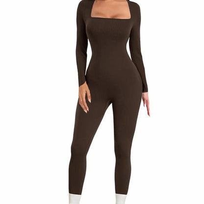 【Curlady】Women Skinny Jumpsuit Solid Color Ribbed Knit Long Sleeve Square Neck Bodycon Jumpsuit Romper Work Out Sport Yoga Playsuits