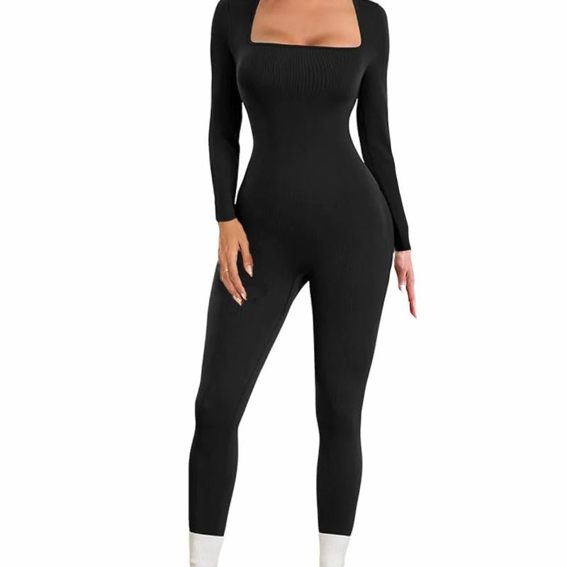 【Curlady】Women Skinny Jumpsuit Solid Color Ribbed Knit Long Sleeve Square Neck Bodycon Jumpsuit Romper Work Out Sport Yoga Playsuits