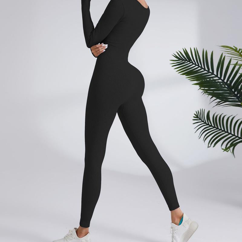 【Curlady】Women Skinny Jumpsuit Solid Color Ribbed Knit Long Sleeve Square Neck Bodycon Jumpsuit Romper Work Out Sport Yoga Playsuits