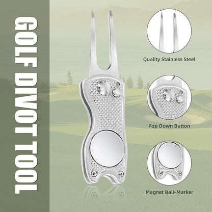 Golf Divot Repair Tool, All Metal Foldable Divot Tool with Pop-Up Button & Magnetic Ball Marker, 2-6 Pack